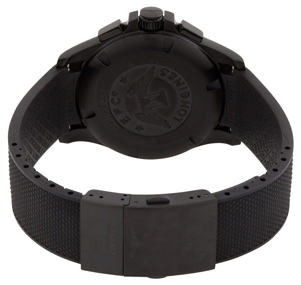 Longines Conquest V.H.P. Chronograph Black PVD Silver Dial Black Rubber Strap Perpetual Calendar Date Quartz Mens Watch L3.727.2.76.9