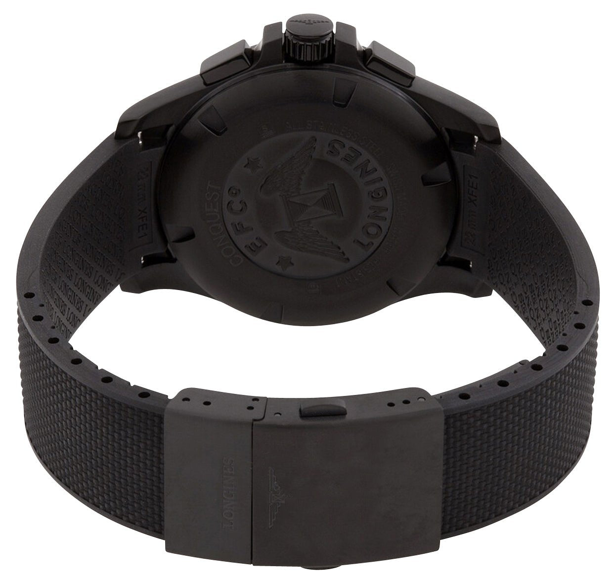 Longines Conquest V.H.P. Chronograph Black PVD Silver Dial Black Rubber Strap Perpetual Calendar Date Quartz Mens Watch L3.727.2.76.9