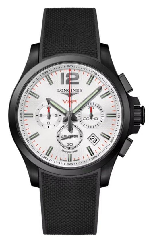 Longines Conquest V.H.P. Chronograph Black PVD Silver Dial Black Rubber Strap Perpetual Calendar Date Quartz Mens Watch L3.727.2.76.9