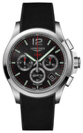 Longines Conquest V.H.P. Chronograph Stainless Steel Black Dial Black Rubber Strap Perpetual Calendar Date Quartz Mens Watch L3.717.4.56.9