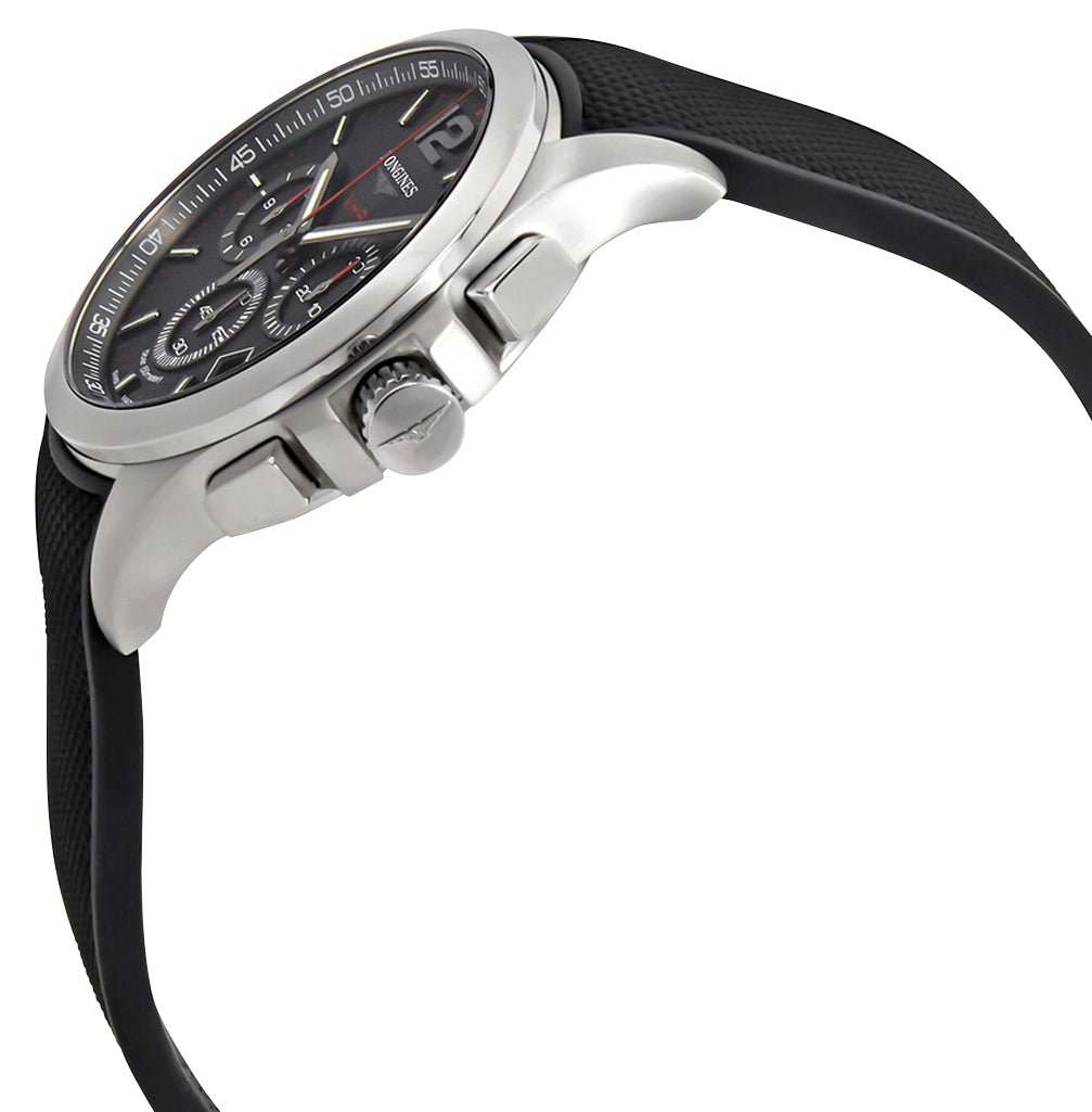 Longines Conquest V.H.P. Chronograph Stainless Steel Black Dial Black Rubber Strap Perpetual Calendar Date Quartz Mens Watch L3.717.4.56.9