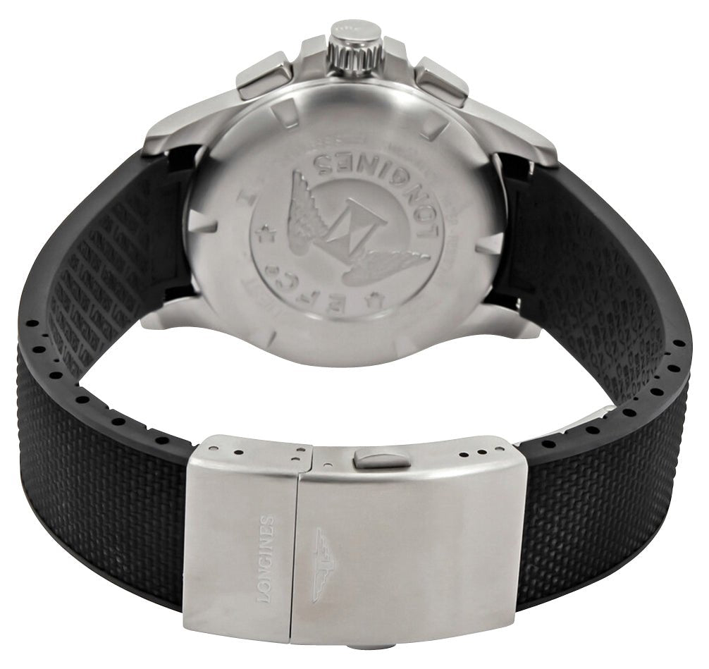Longines Conquest V.H.P. Chronograph Stainless Steel Black Dial Black Rubber Strap Perpetual Calendar Date Quartz Mens Watch L3.717.4.56.9