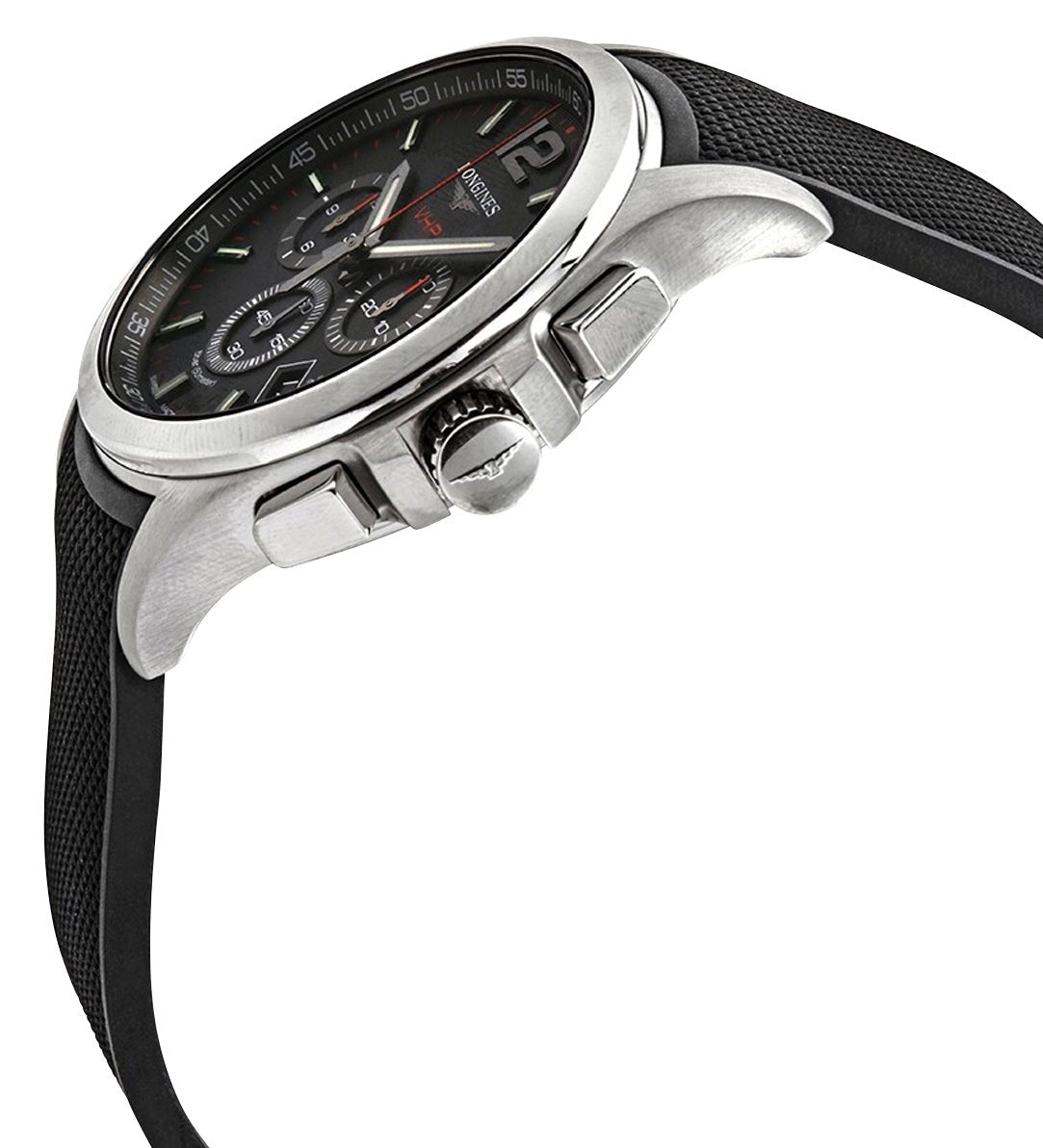 Longines Conquest V.H.P. Chronograph Stainless Steel Black Dial Black Rubber Strap Perpetual Calendar Date Quartz Mens Watch L3.727.4.56.9