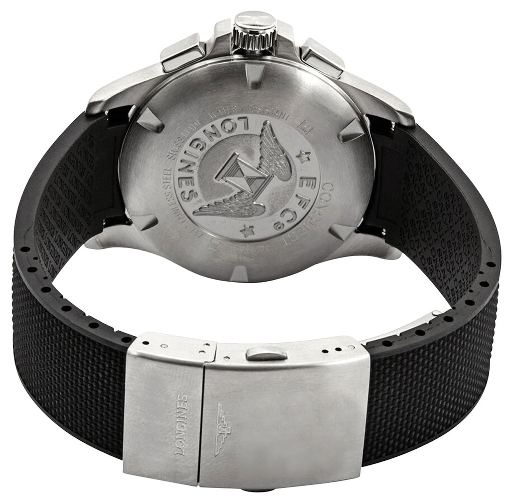 Longines Conquest V.H.P. Chronograph Stainless Steel Black Dial Black Rubber Strap Perpetual Calendar Date Quartz Mens Watch L3.727.4.56.9