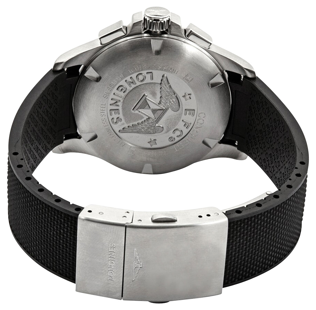 Longines Conquest V.H.P. Chronograph Stainless Steel Black Dial Black Rubber Strap Perpetual Calendar Date Quartz Mens Watch L3.727.4.56.9