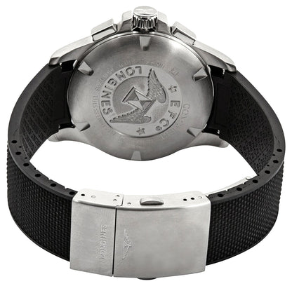 Longines Conquest V.H.P. Chronograph Stainless Steel Black Dial Black Rubber Strap Perpetual Calendar Date Quartz Mens Watch L3.727.4.56.9