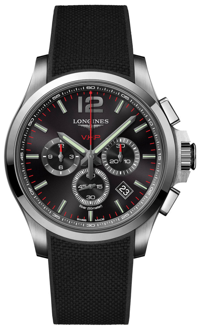 Longines Conquest V.H.P. Chronograph Stainless Steel Black Dial Black Rubber Strap Perpetual Calendar Date Quartz Mens Watch L3.727.4.56.9