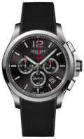 Longines Conquest V.H.P. Chronograph Stainless Steel Black Dial Black Rubber Strap Perpetual Calendar Date Quartz Mens Watch L3.727.4.56.9