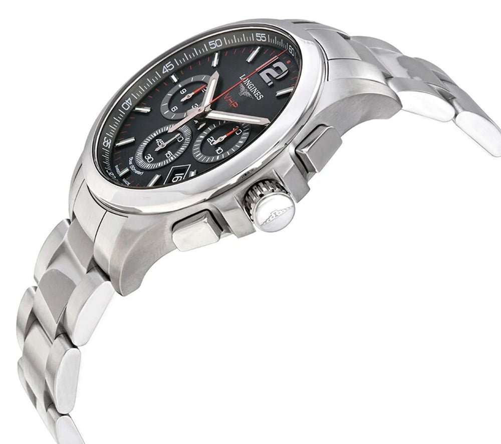 Longines Conquest V.H.P. Chronograph Stainless Steel Black Dial Perpetual Calendar Date Quartz Mens Watch L3.717.4.56.6