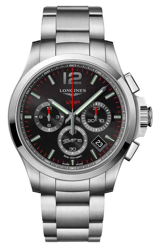 Longines Conquest V.H.P. Chronograph Stainless Steel Black Dial Perpetual Calendar Date Quartz Mens Watch L3.717.4.56.6