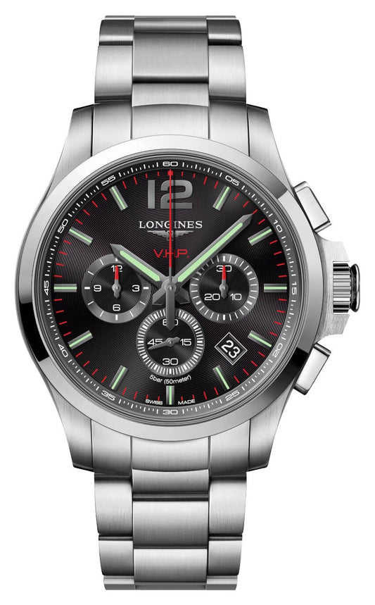 Longines Conquest V.H.P. Chronograph Stainless Steel Black Dial Perpetual Calendar Date Quartz Mens Watch L3.727.4.56.6