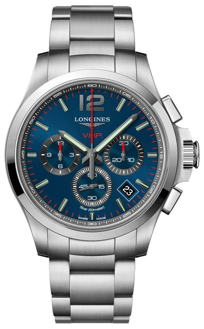 Longines Conquest V.H.P. Chronograph Stainless Steel Blue Dial Perpetual Calendar Date Quartz Mens Watch L3.717.4.96.6