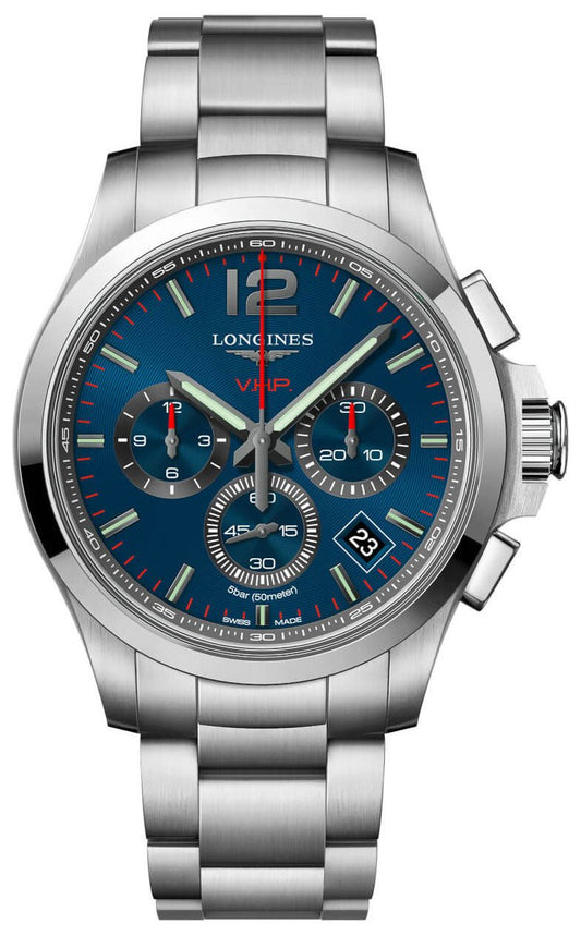 Longines Conquest V.H.P. Chronograph Stainless Steel Blue Dial Perpetual Calendar Date Quartz Mens Watch L3.717.4.96.6