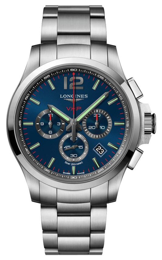 Longines Conquest V.H.P. Chronograph Stainless Steel Blue Dial Perpetual Calendar Date Quartz Mens Watch L3.727.4.96.6