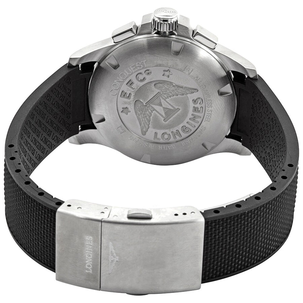 Longines Conquest V.H.P. Chronograph Stainless Steel Silver Dial Black Rubber Strap Perpetual Calendar Date Quartz Mens Watch L3.717.4.76.9