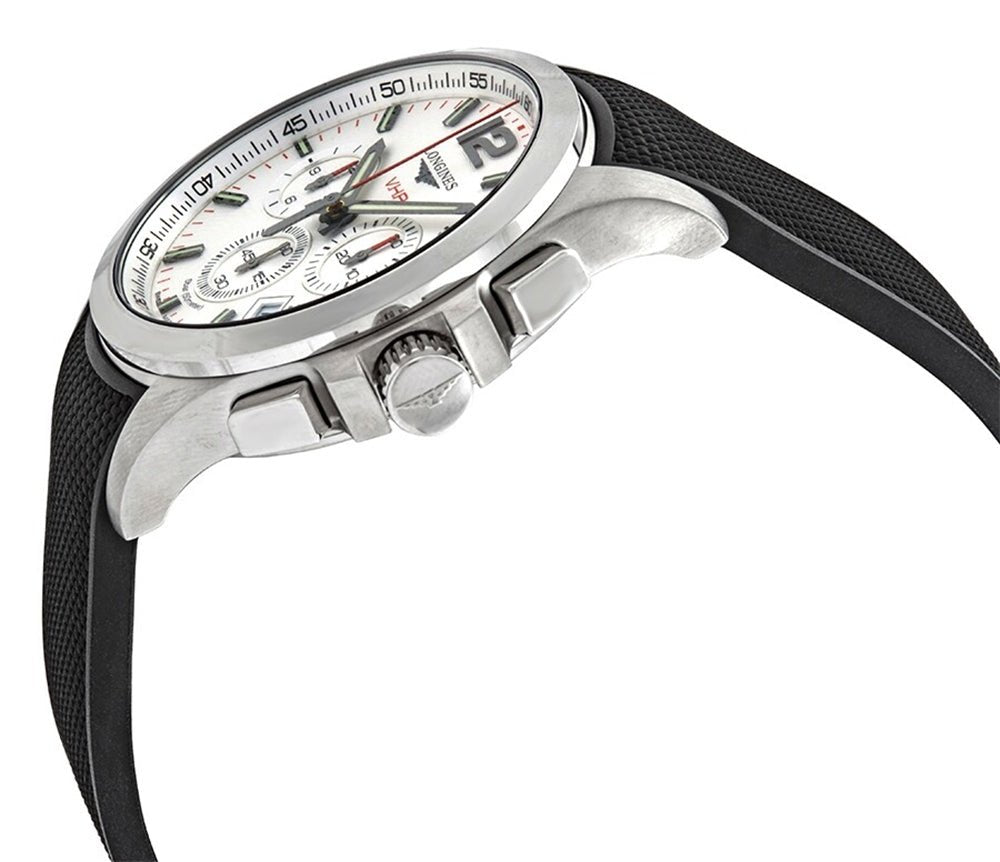 Longines Conquest V.H.P. Chronograph Stainless Steel Silver Dial Black Rubber Strap Perpetual Calendar Date Quartz Mens Watch L3.717.4.76.9