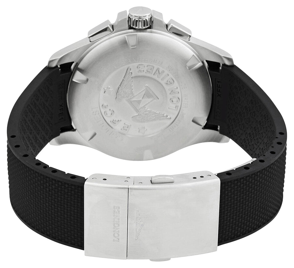 Longines Conquest V.H.P. Chronograph Stainless Steel Silver Dial Black Rubber Strap Perpetual Calendar Date Quartz Mens Watch L3.727.4.76.9