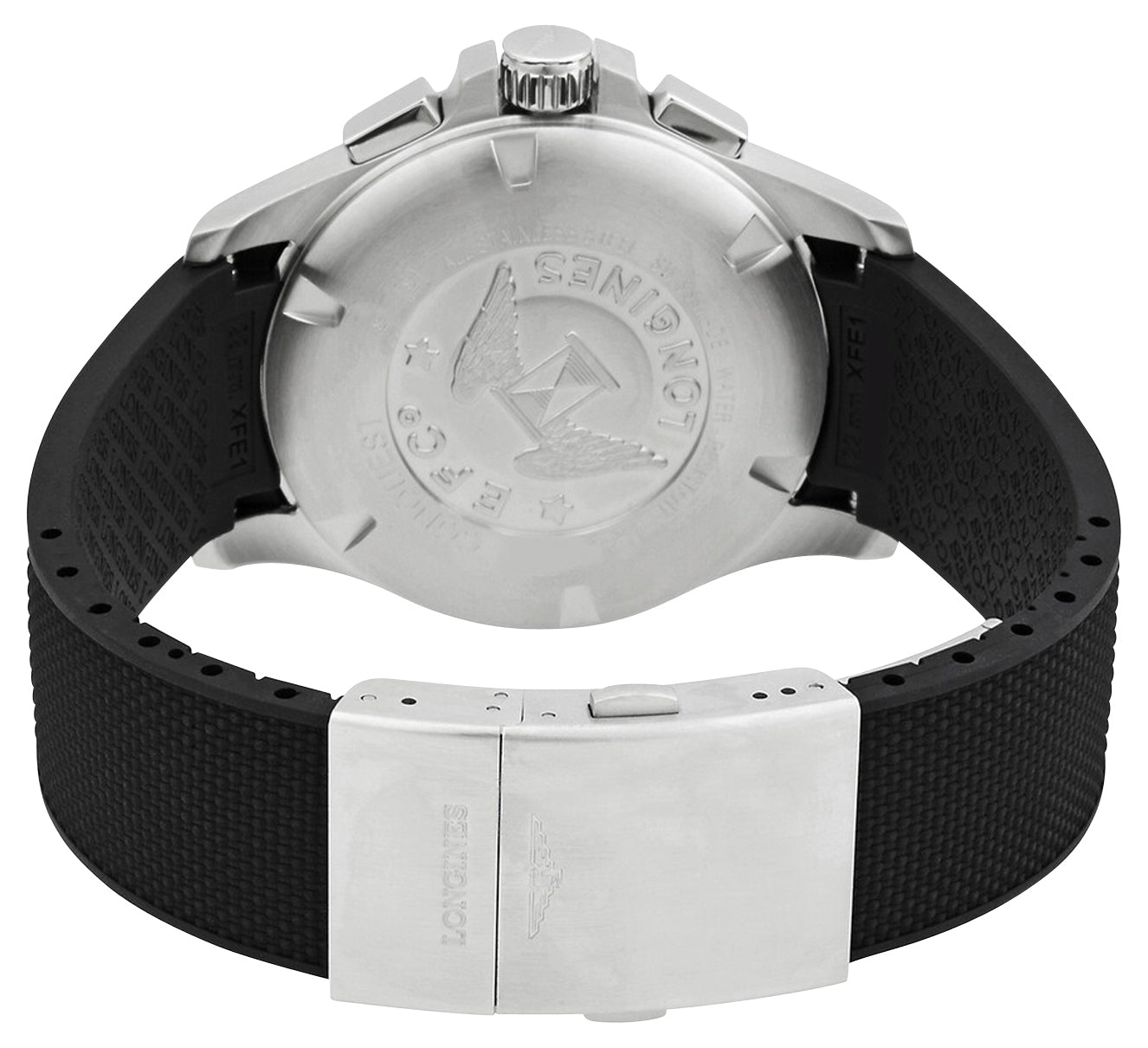 Longines Conquest V.H.P. Chronograph Stainless Steel Silver Dial Black Rubber Strap Perpetual Calendar Date Quartz Mens Watch L3.727.4.76.9