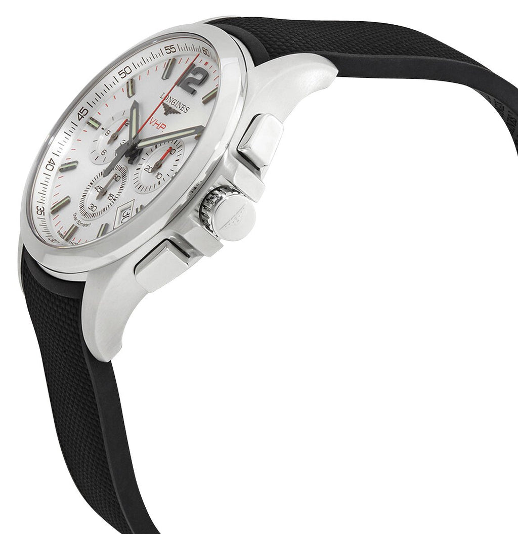 Longines Conquest V.H.P. Chronograph Stainless Steel Silver Dial Black Rubber Strap Perpetual Calendar Date Quartz Mens Watch L3.727.4.76.9