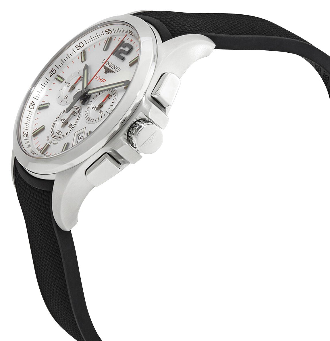 Longines Conquest V.H.P. Chronograph Stainless Steel Silver Dial Black Rubber Strap Perpetual Calendar Date Quartz Mens Watch L3.727.4.76.9