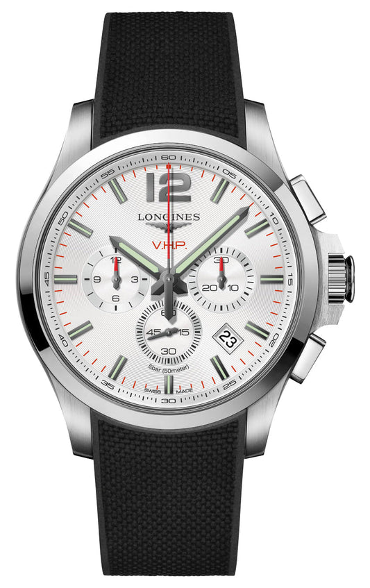 Longines Conquest V.H.P. Chronograph Stainless Steel Silver Dial Black Rubber Strap Perpetual Calendar Date Quartz Mens Watch L3.727.4.76.9