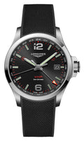 Longines Conquest V.H.P. GMT Stainless Steel Black Dial Black Rubber Strap Perpetual Calendar Date Quartz Mens Watch L3.728.4.56.9
