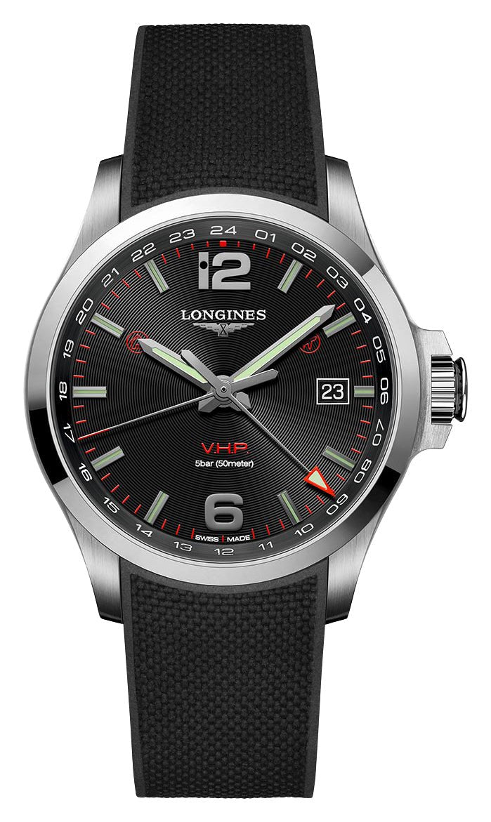 Longines Conquest V.H.P. GMT Stainless Steel Black Dial Black Rubber Strap Perpetual Calendar Date Quartz Mens Watch L3.728.4.56.9
