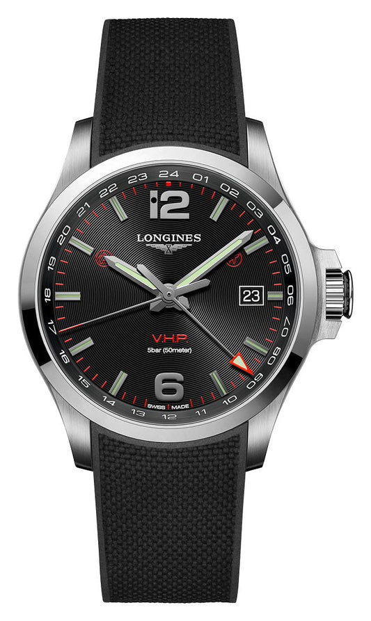 Longines Conquest V.H.P. GMT Stainless Steel Black Dial Black Rubber Strap Perpetual Calendar Date Quartz Mens Watch L3.728.4.56.9