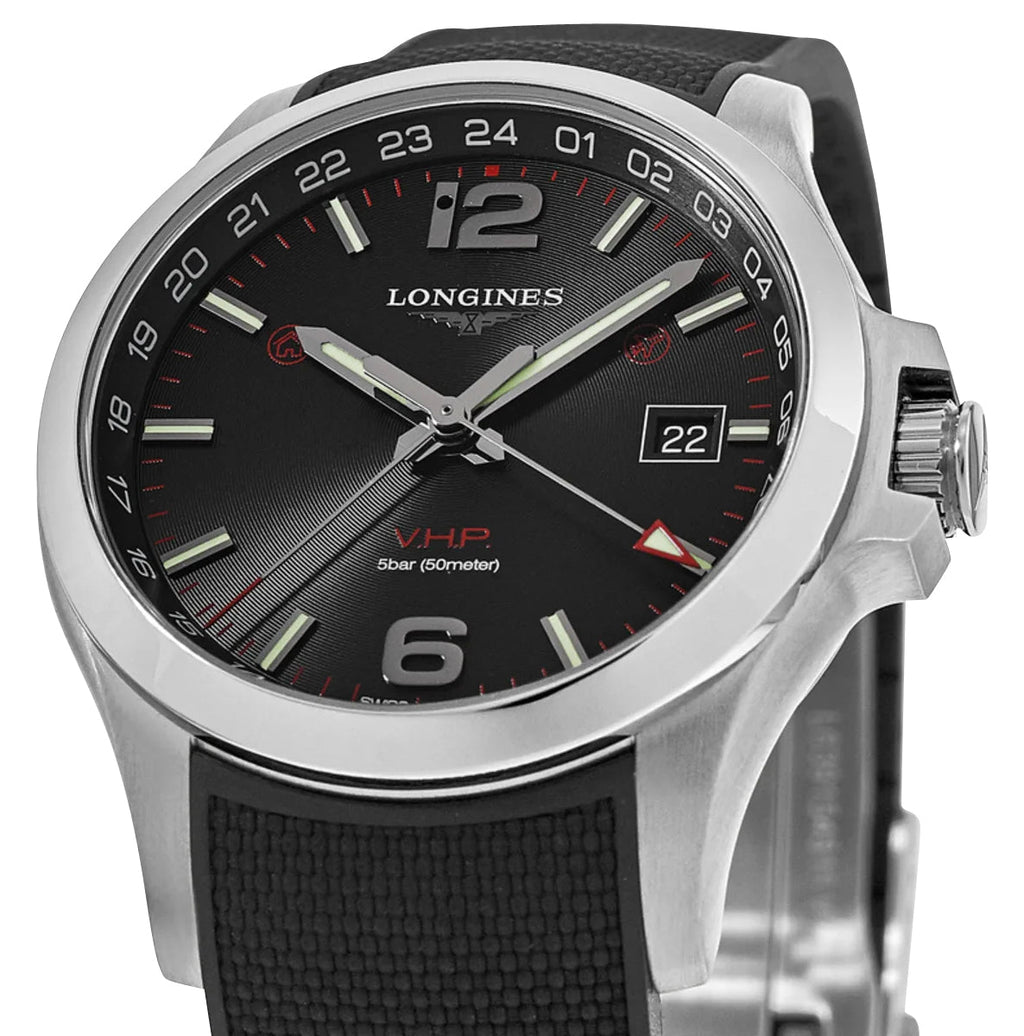 Longines Conquest V.H.P. GMT Stainless Steel Black Dial Black Rubber Strap Perpetual Calendar Date Quartz Mens Watch L3.728.4.56.9