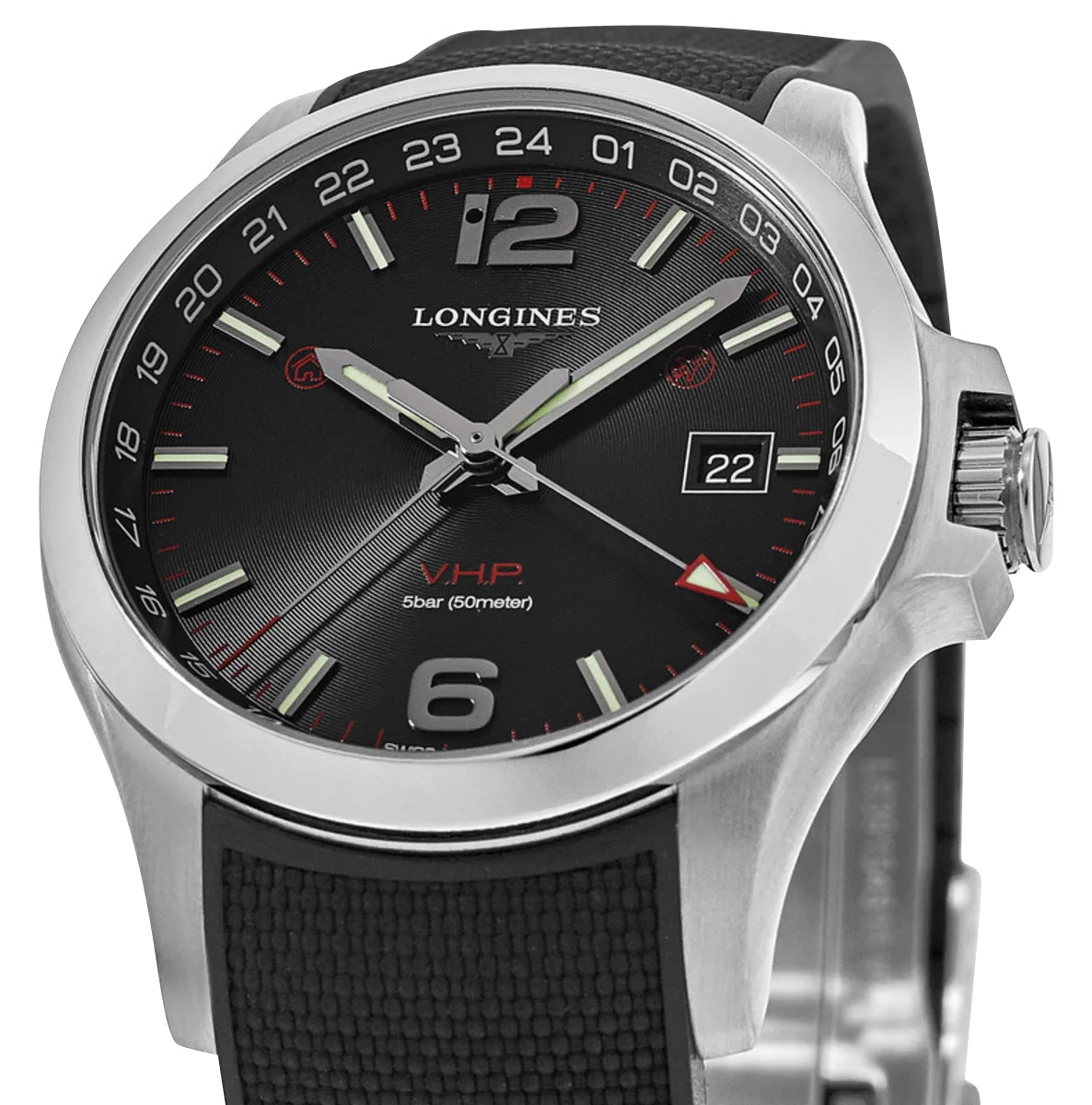 Longines Conquest V.H.P. GMT Stainless Steel Black Dial Black Rubber Strap Perpetual Calendar Date Quartz Mens Watch L3.728.4.56.9
