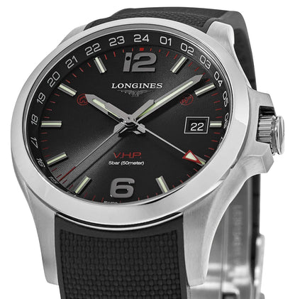Longines Conquest V.H.P. GMT Stainless Steel Black Dial Black Rubber Strap Perpetual Calendar Date Quartz Mens Watch L3.728.4.56.9
