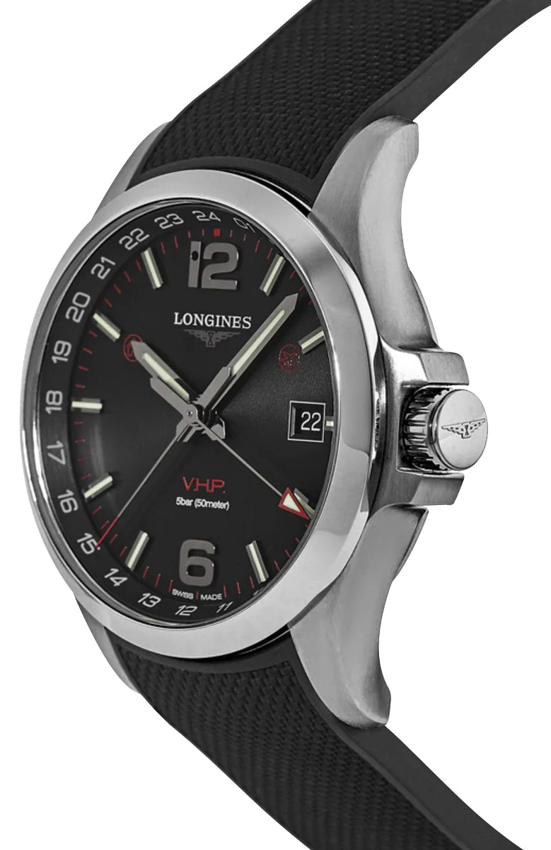 Longines Conquest V.H.P. GMT Stainless Steel Black Dial Black Rubber Strap Perpetual Calendar Date Quartz Mens Watch L3.728.4.56.9