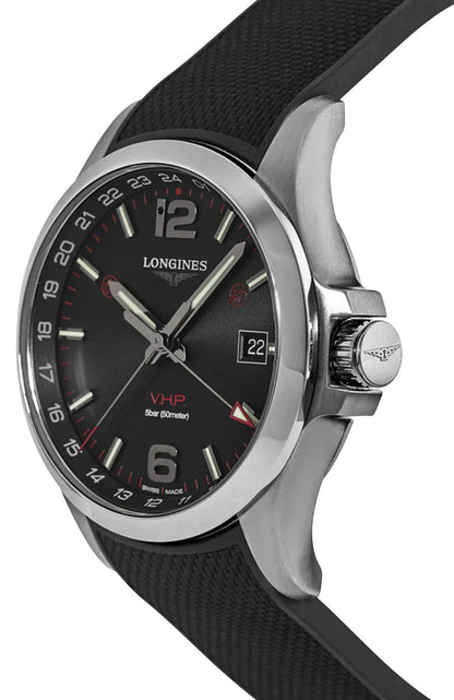 Longines Conquest V.H.P. GMT Stainless Steel Black Dial Black Rubber Strap Perpetual Calendar Date Quartz Mens Watch L3.728.4.56.9