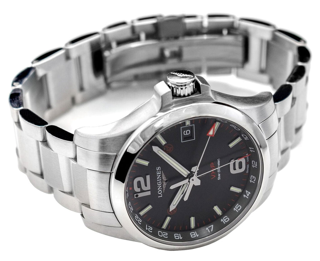 Longines Conquest V.H.P. GMT Stainless Steel Black Dial Perpetual Calendar Date Quartz Mens Watch L3.718.4.56.6
