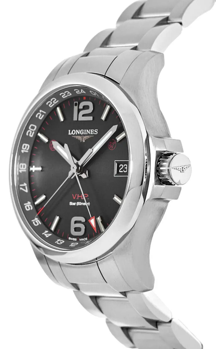 Longines Conquest V.H.P. GMT Stainless Steel Black Dial Perpetual Calendar Date Quartz Mens Watch L3.718.4.56.6