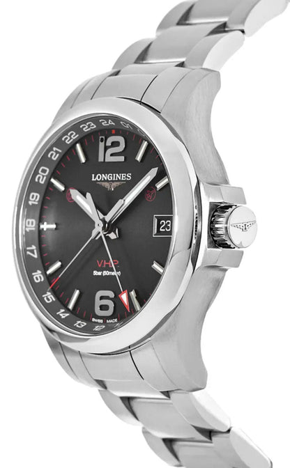 Longines Conquest V.H.P. GMT Stainless Steel Black Dial Perpetual Calendar Date Quartz Mens Watch L3.718.4.56.6