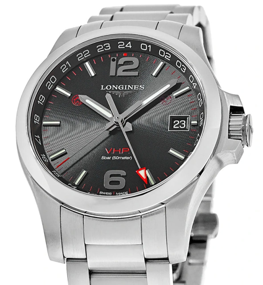 Longines Conquest V.H.P. GMT Stainless Steel Black Dial Perpetual Calendar Date Quartz Mens Watch L3.718.4.56.6