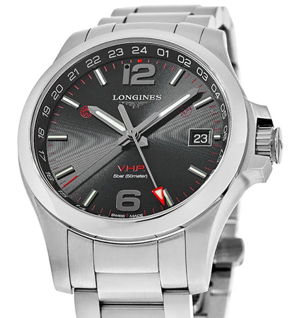 Longines Conquest V.H.P. GMT Stainless Steel Black Dial Perpetual Calendar Date Quartz Mens Watch L3.718.4.56.6