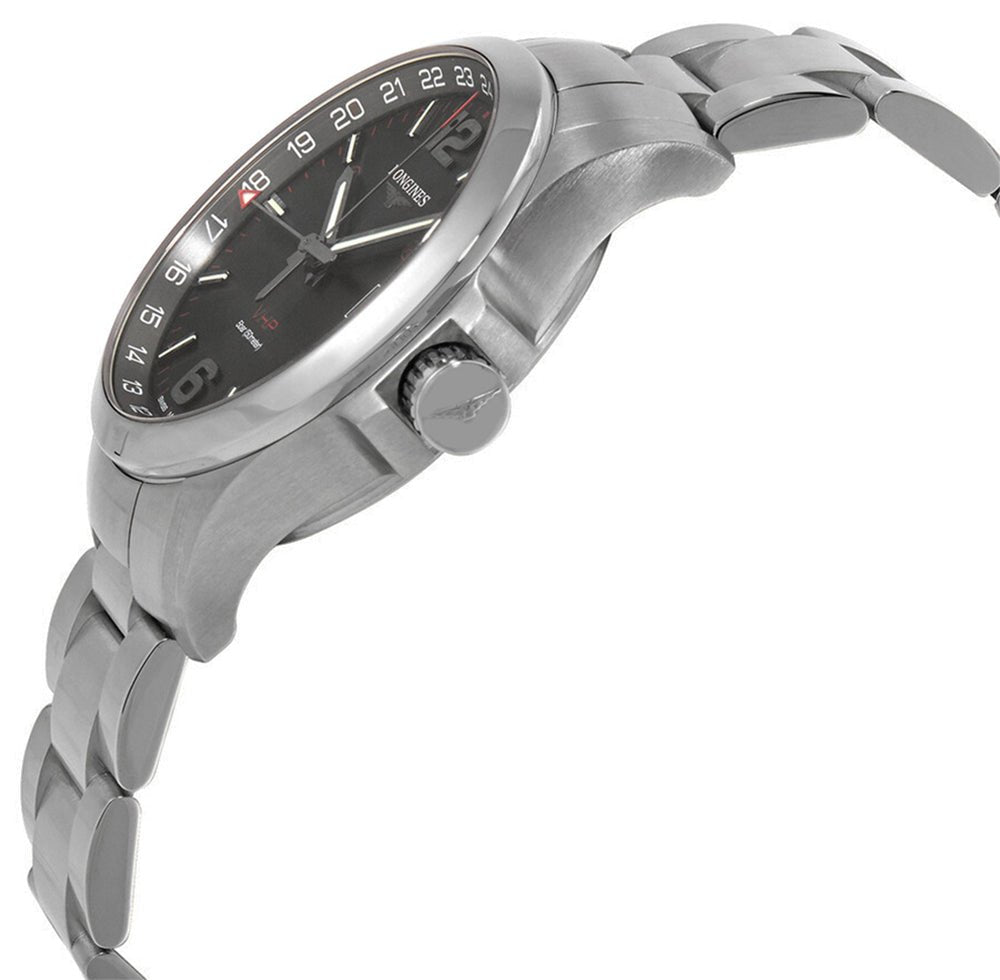 Longines Conquest V.H.P. GMT Stainless Steel Black Dial Perpetual Calendar Date Quartz Mens Watch L3.728.4.56.6