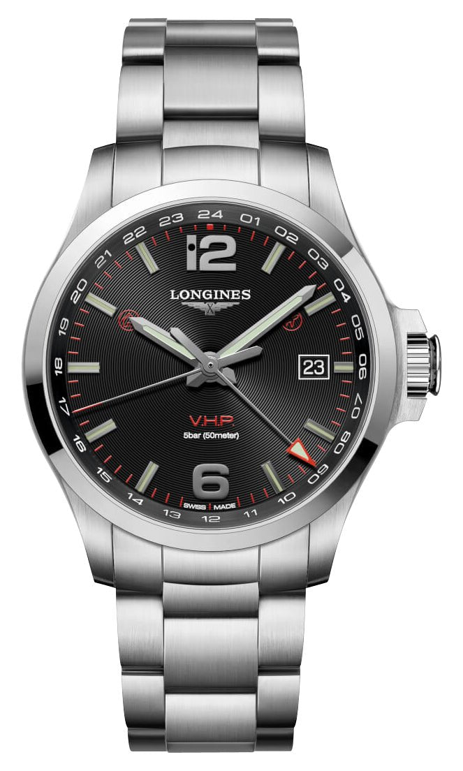 Longines Conquest V.H.P. GMT Stainless Steel Black Dial Perpetual Calendar Date Quartz Mens Watch L3.728.4.56.6