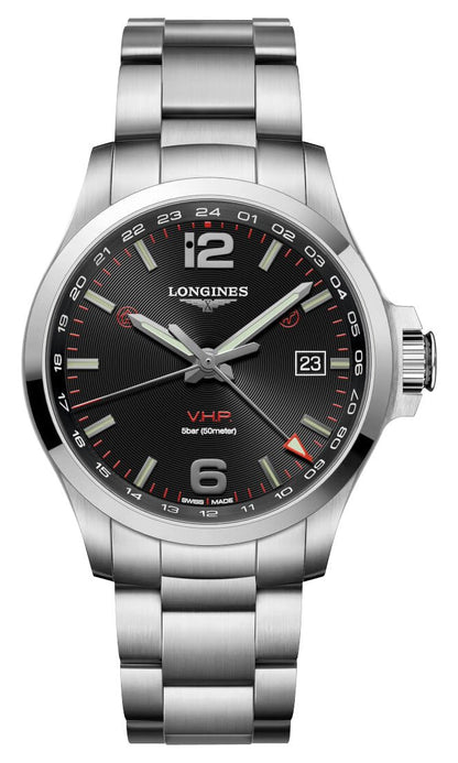 Longines Conquest V.H.P. GMT Stainless Steel Black Dial Perpetual Calendar Date Quartz Mens Watch L3.728.4.56.6
