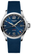 Longines Conquest V.H.P. GMT Stainless Steel Blue Dial Blue Rubber Strap Perpetual Calendar Date Quartz Mens Watch L3.728.4.96.9