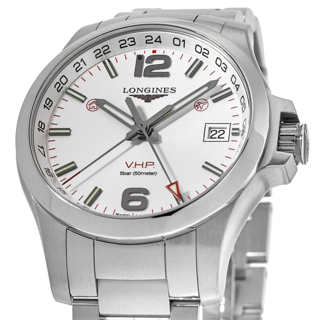 Longines Conquest V.H.P. GMT Stainless Steel Silver Dial Date Quartz Mens Watch L3.718.4.76.6