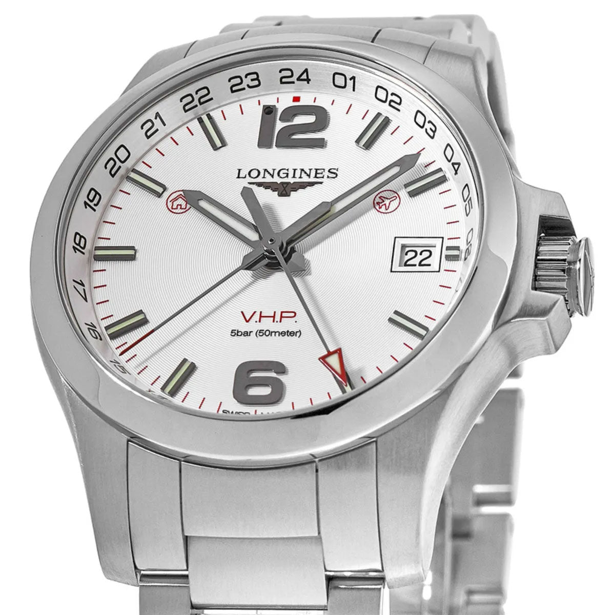 Longines Conquest V.H.P. GMT Stainless Steel Silver Dial Date Quartz Mens Watch L3.718.4.76.6