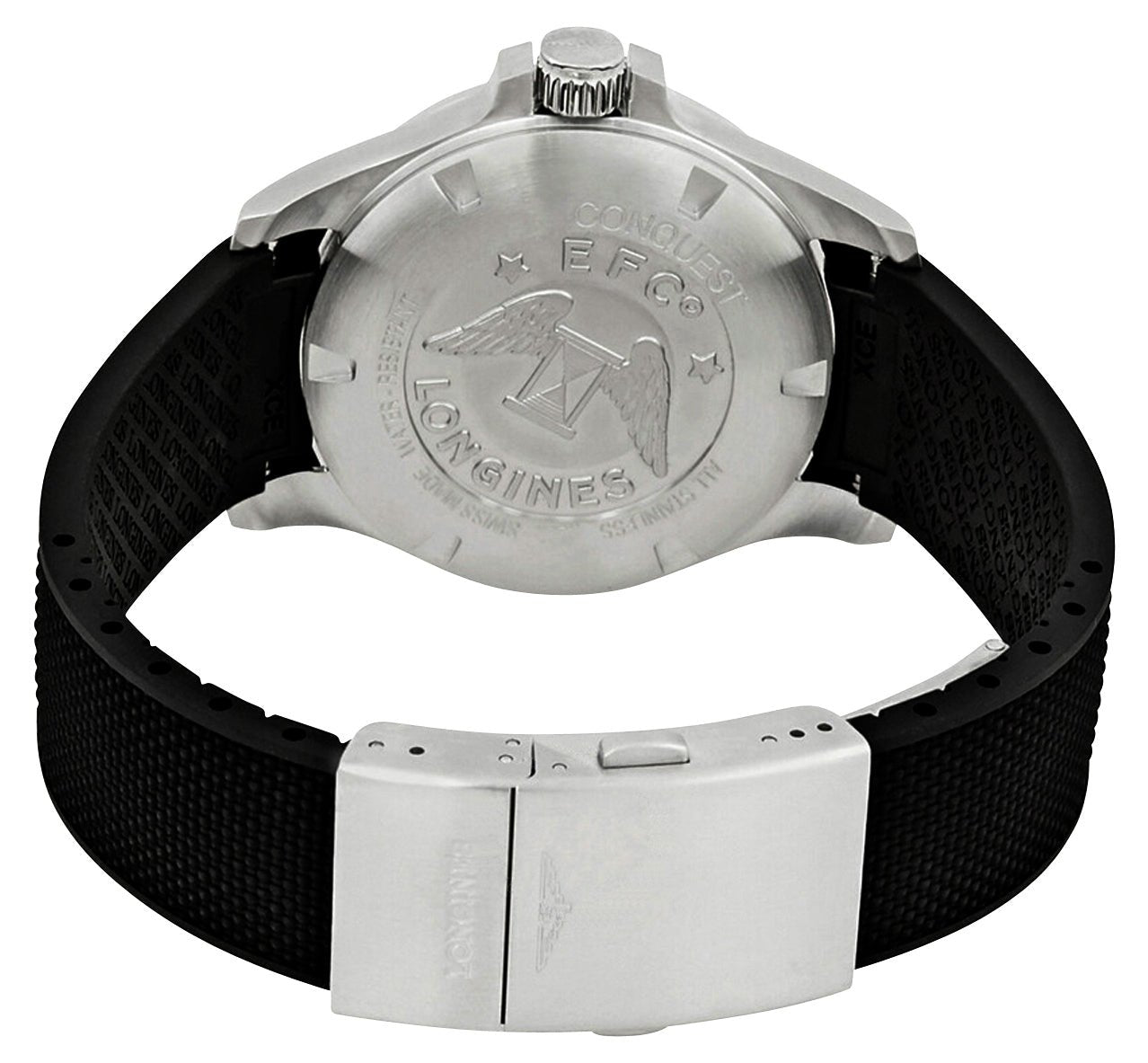 Longines Conquest V.H.P. Stainless Steel Black Dial Black Rubber Strap Perpetual Calendar Date Quartz Mens Watch L3.716.4.56.9