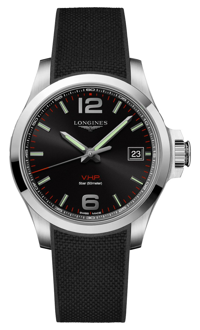 Longines Conquest V.H.P. Stainless Steel Black Dial Black Rubber Strap Perpetual Calendar Date Quartz Mens Watch L3.716.4.56.9
