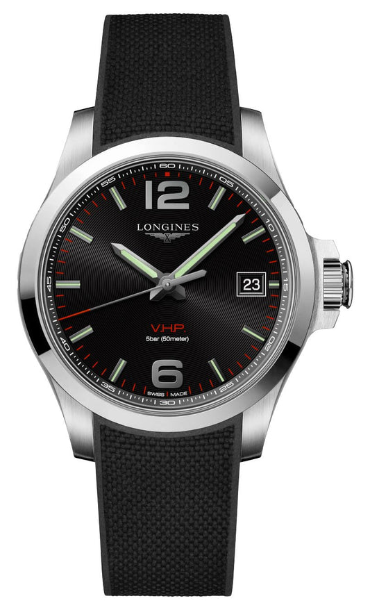 Longines Conquest V.H.P. Stainless Steel Black Dial Black Rubber Strap Perpetual Calendar Date Quartz Mens Watch L3.716.4.56.9