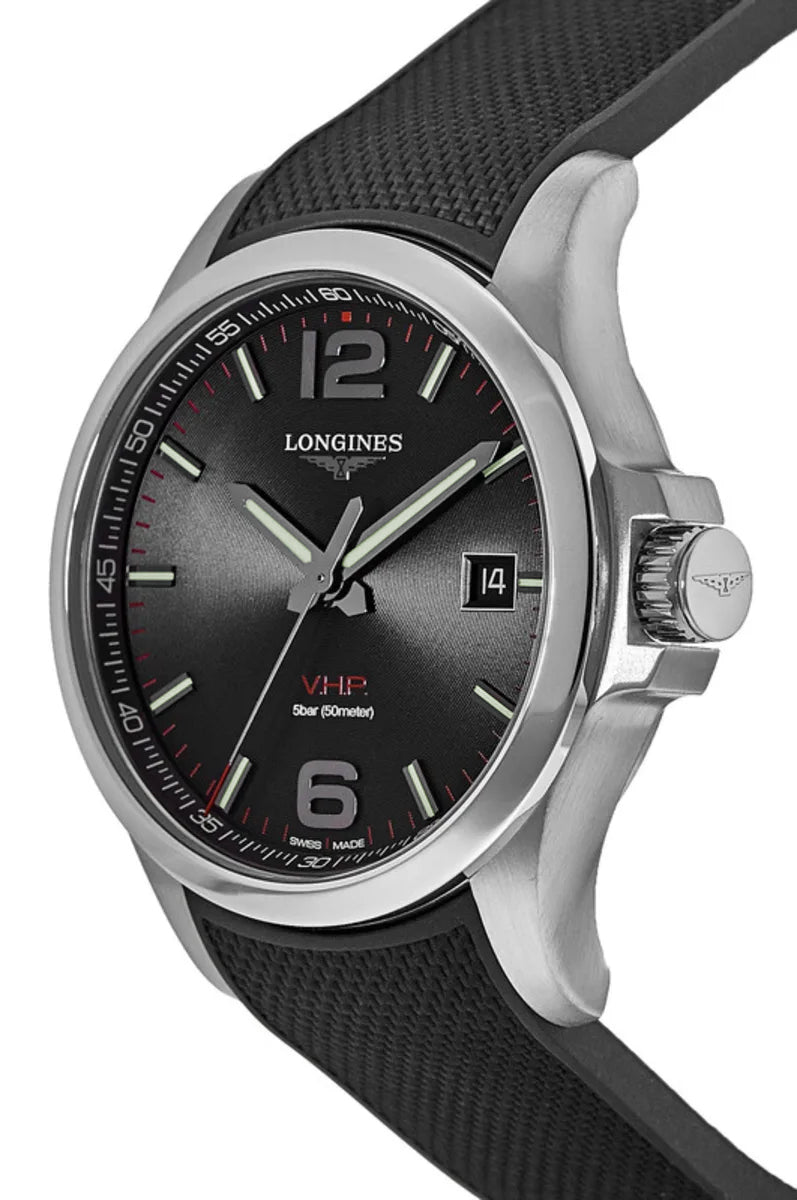 Longines Conquest V.H.P. Stainless Steel Black Dial Black Rubber Strap Perpetual Calendar Date Quartz Mens Watch L3.726.4.56.9