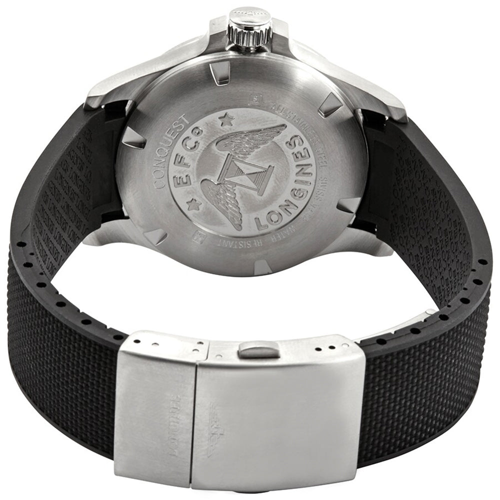 Longines Conquest V.H.P. Stainless Steel Black Dial Black Rubber Strap Perpetual Calendar Date Quartz Mens Watch L3.726.4.56.9