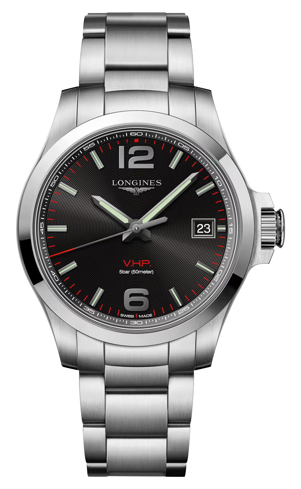 Longines Conquest V.H.P. Stainless Steel Black Dial Perpetual Calendar Date Quartz Mens Watch L3.716.4.56.6